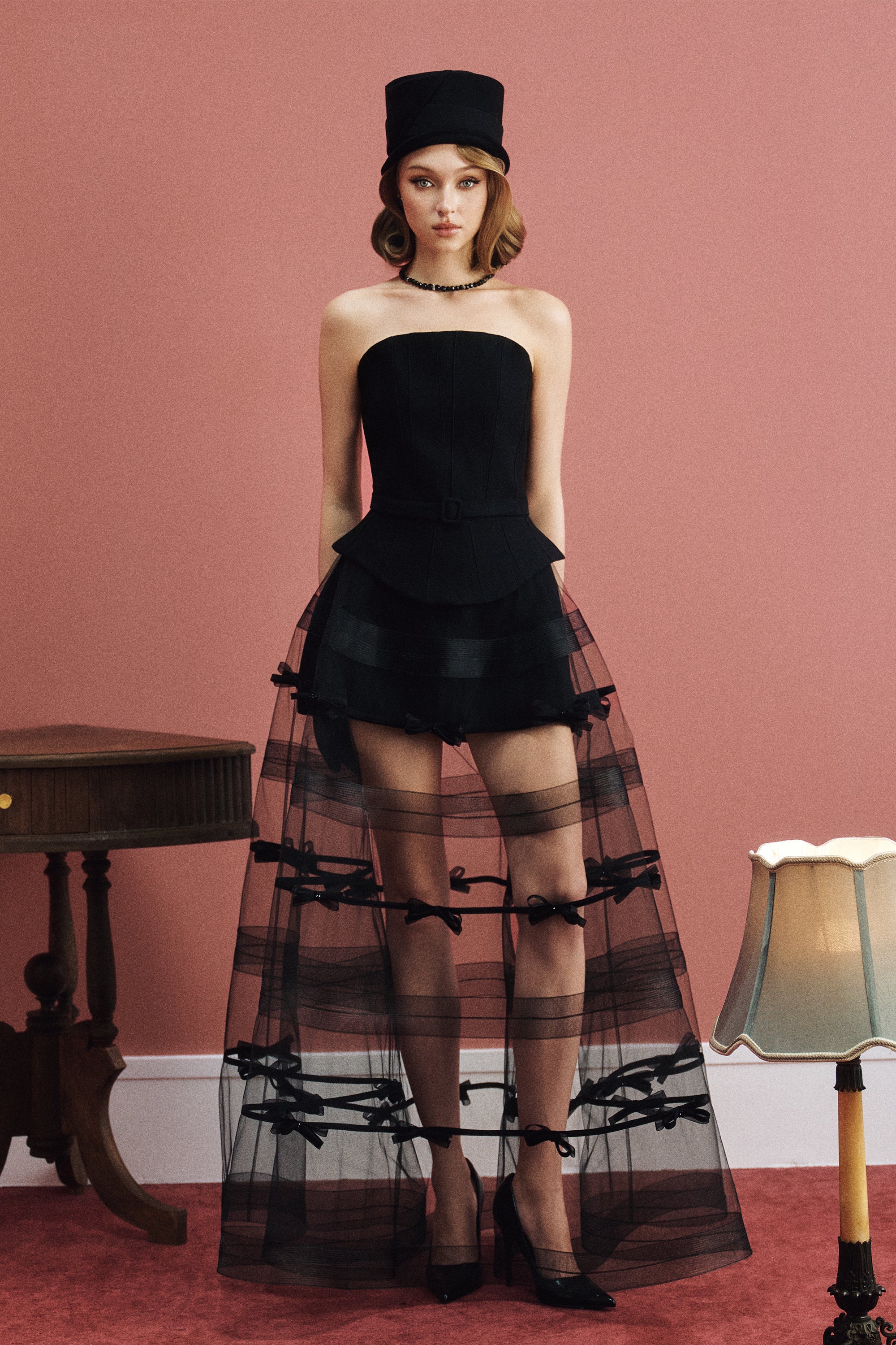 ELYSIA Bow Mesh Cape Dress Set - Image 11