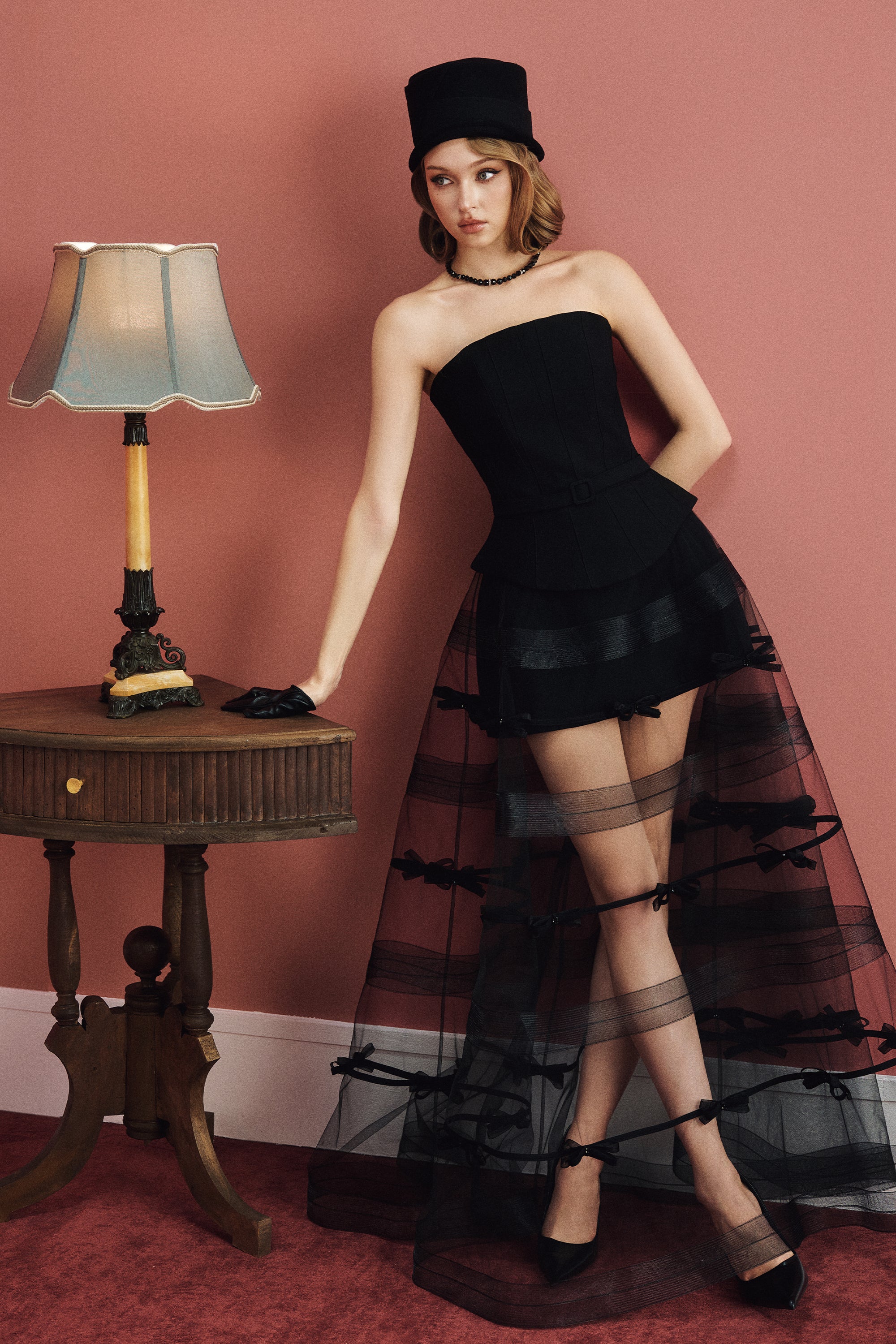 ELYSIA Bow Mesh Cape Dress Set - Image 13