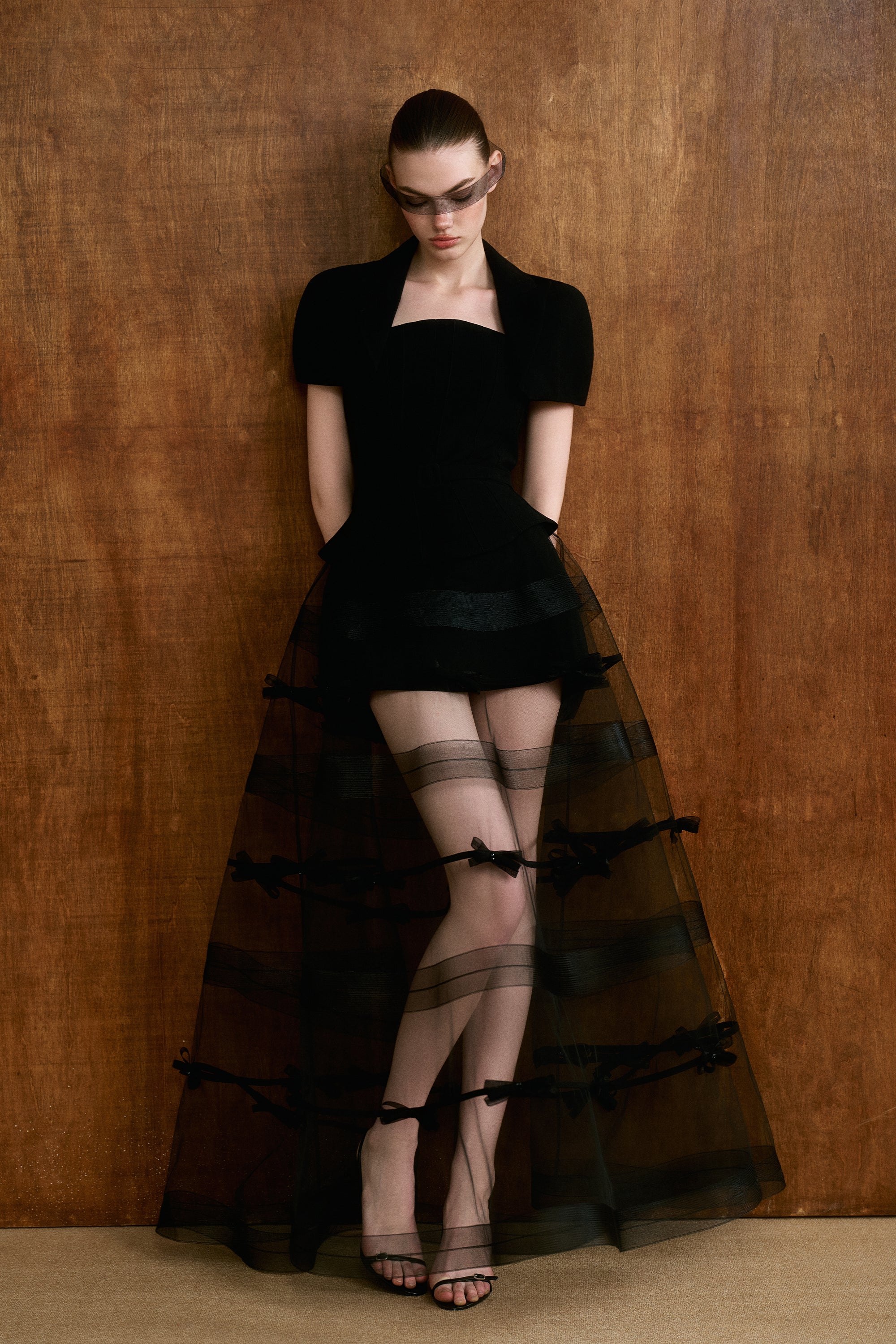 ELYSIA Bow Mesh Cape Dress Set - Image 6