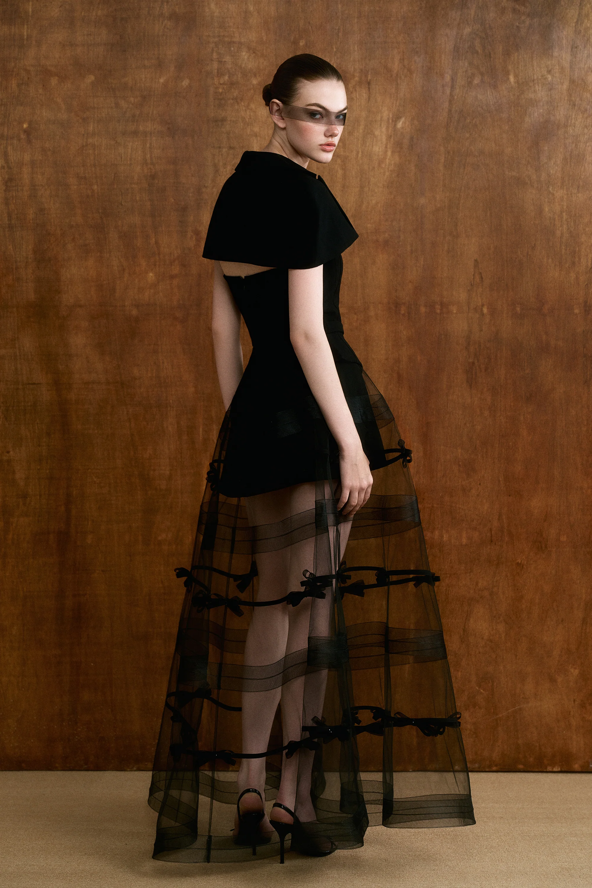 ELYSIA Bow Mesh Cape Dress Set - Image 8